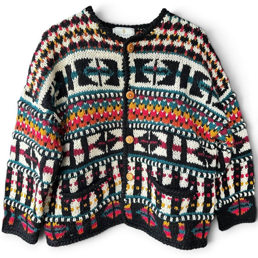 Vintage Express Tricot Hand Knitted Chunky Wool Sweater Cardigan Boho Folk Aztec